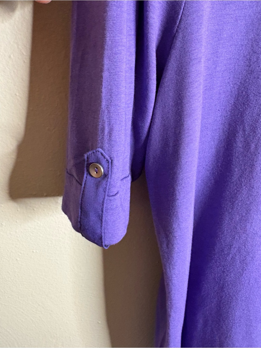 Chico’s Size 1 Purple Mixed Media Hi Low Top Button Sleeve Casual Tunic Classic - Picture 5 of 12